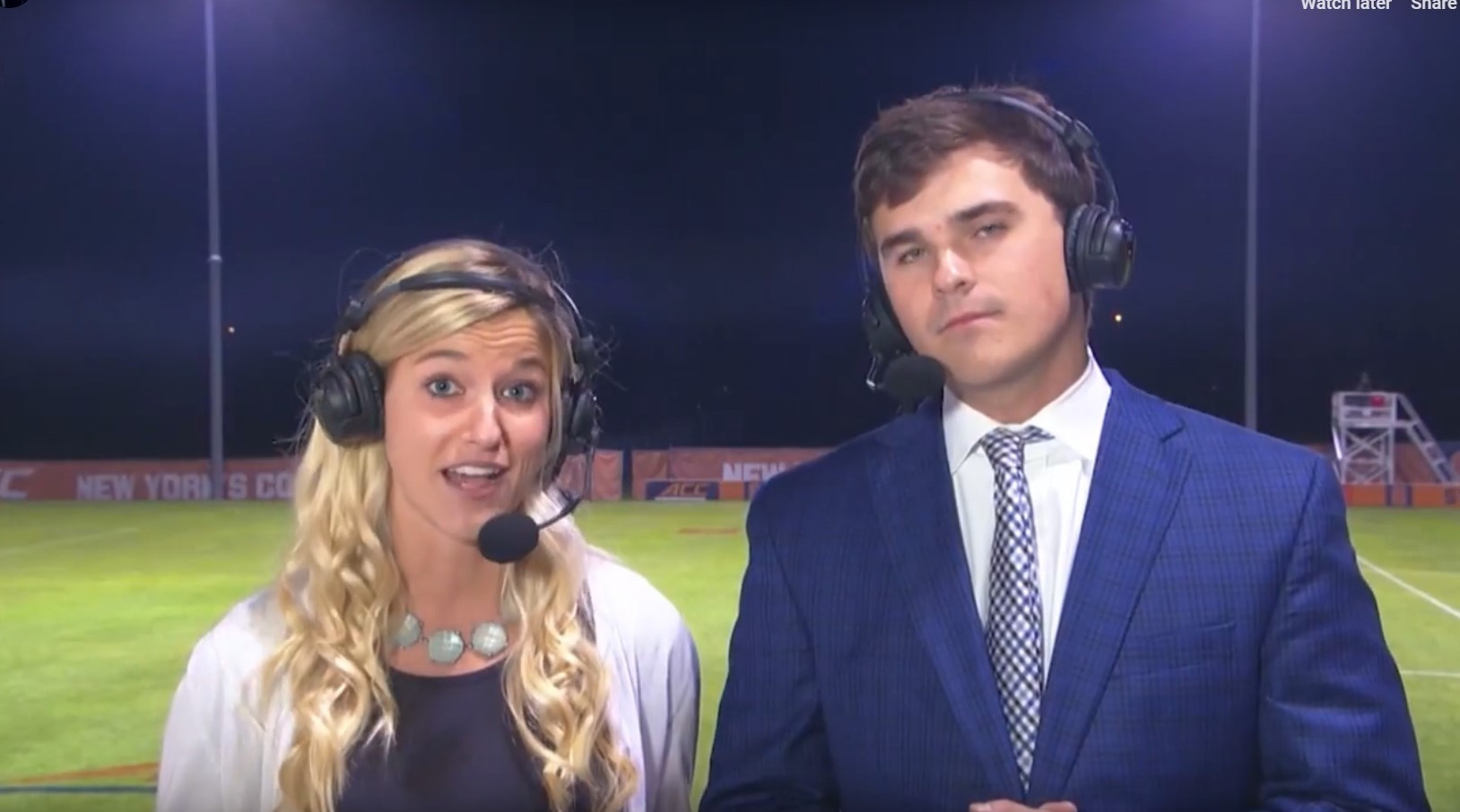 Freeze frame from Erin Fish's demo reel, in her role as color commentator for Syracuse University soccer