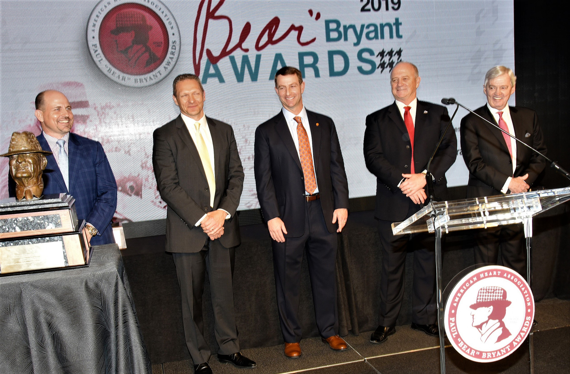 Bryant Award finalists (from left), Bill Clark, Jeff Monken, Dabo Swinney, Jeff Tedford, along with Lifetime Achievement Award winner Frank Beamer