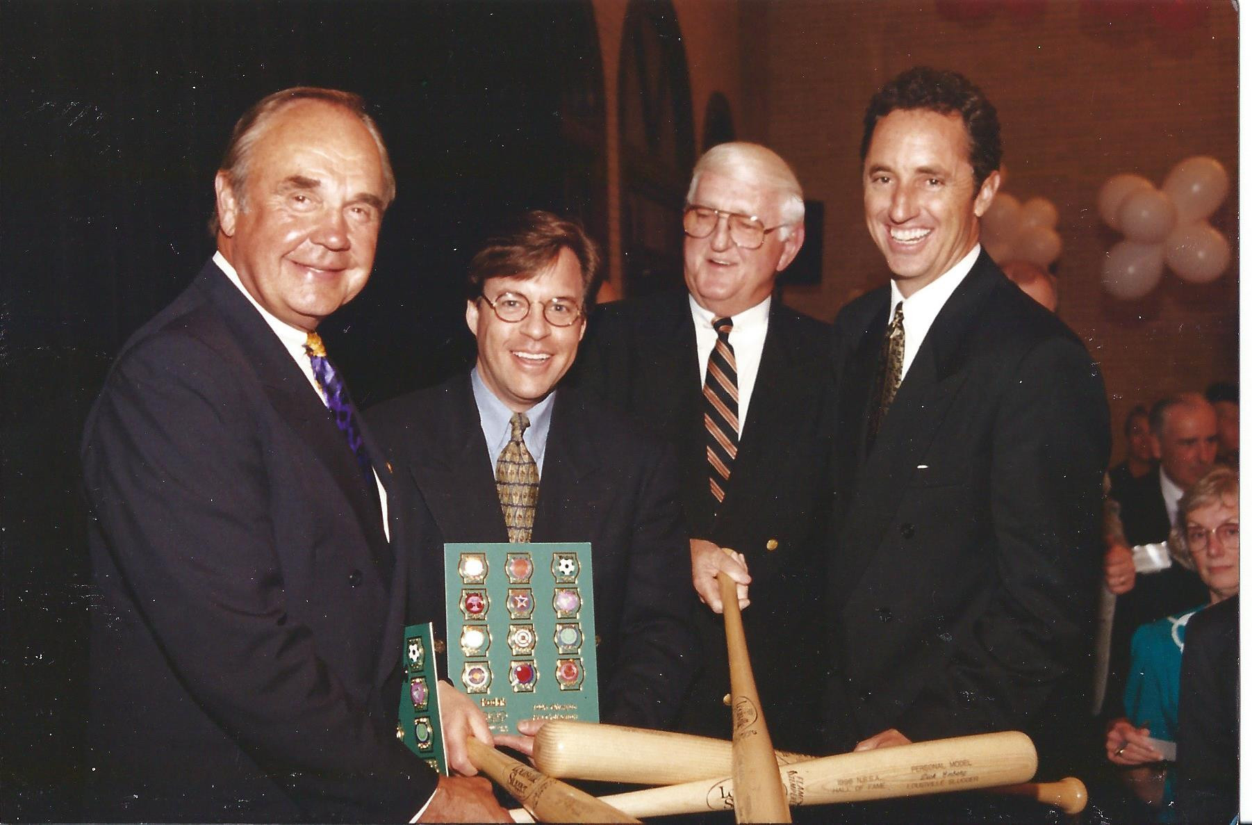 From left:  Dick Enberg, Bob Costas, Dan Jenkins, Rick Reilly at the 1996 NSMA Awards banquet, Salisbury, NC.