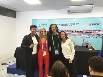 Me with football legends, Karina Leblanc, Aline Pellegrino and Veronica Buqete.