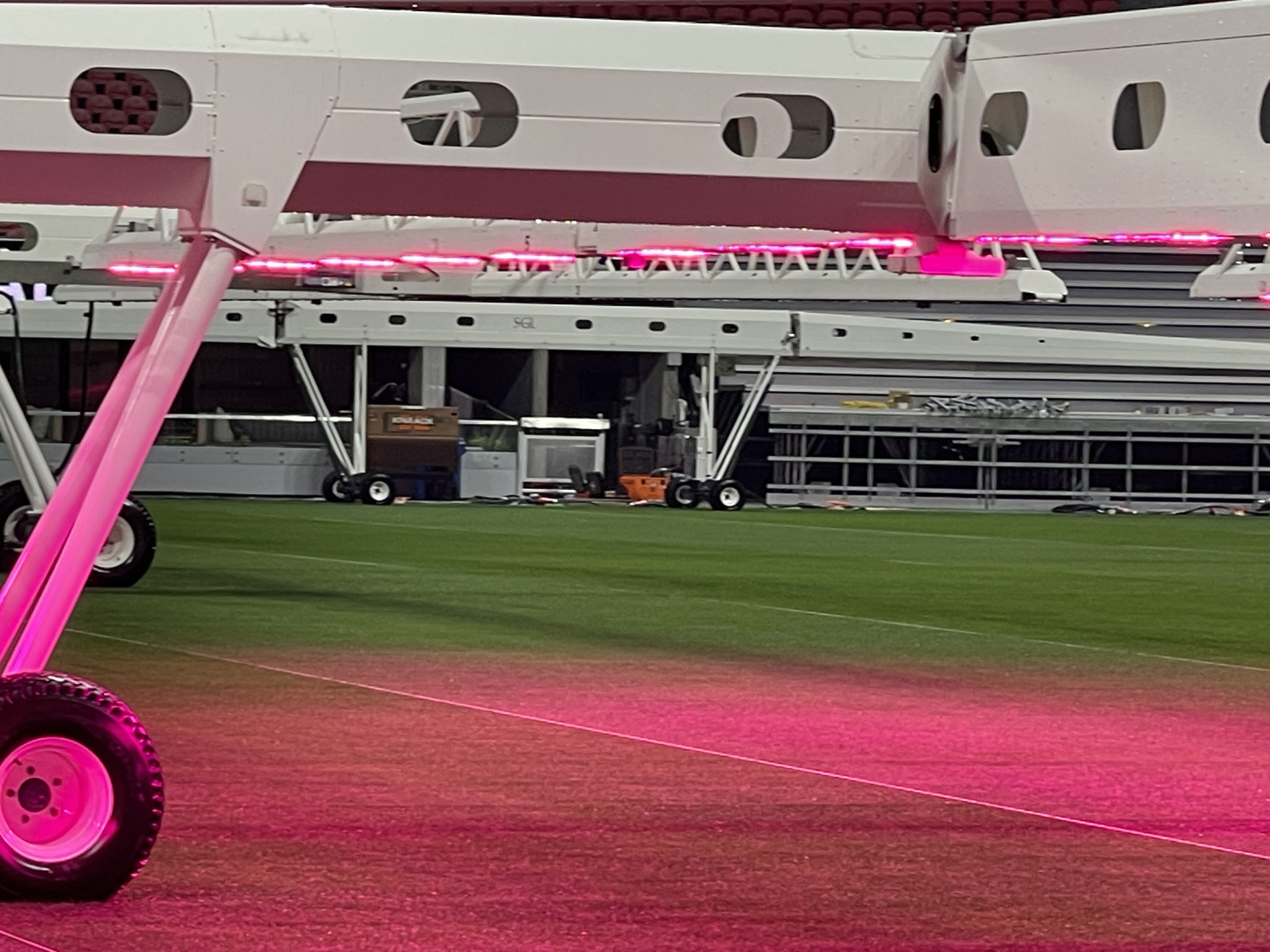 Grow lights cast a pink hue on the natural grass at Mercedes-Benz Stadium