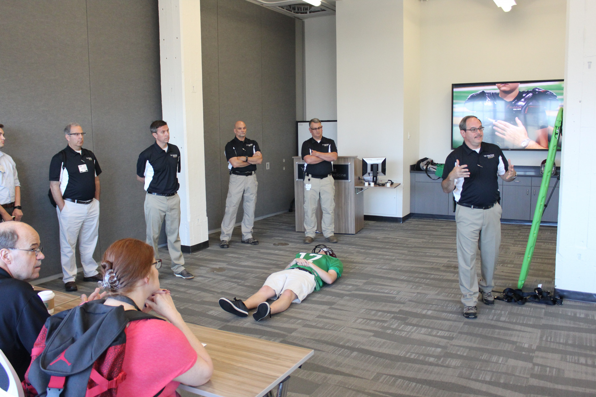 Jeff Hinshaw explains the procedures and precautions of emergency spinal injuries at the Sports Medicine Summit on June 24, 2018, at Wake Forest University School of Medicine (Daniel Coston Photo)