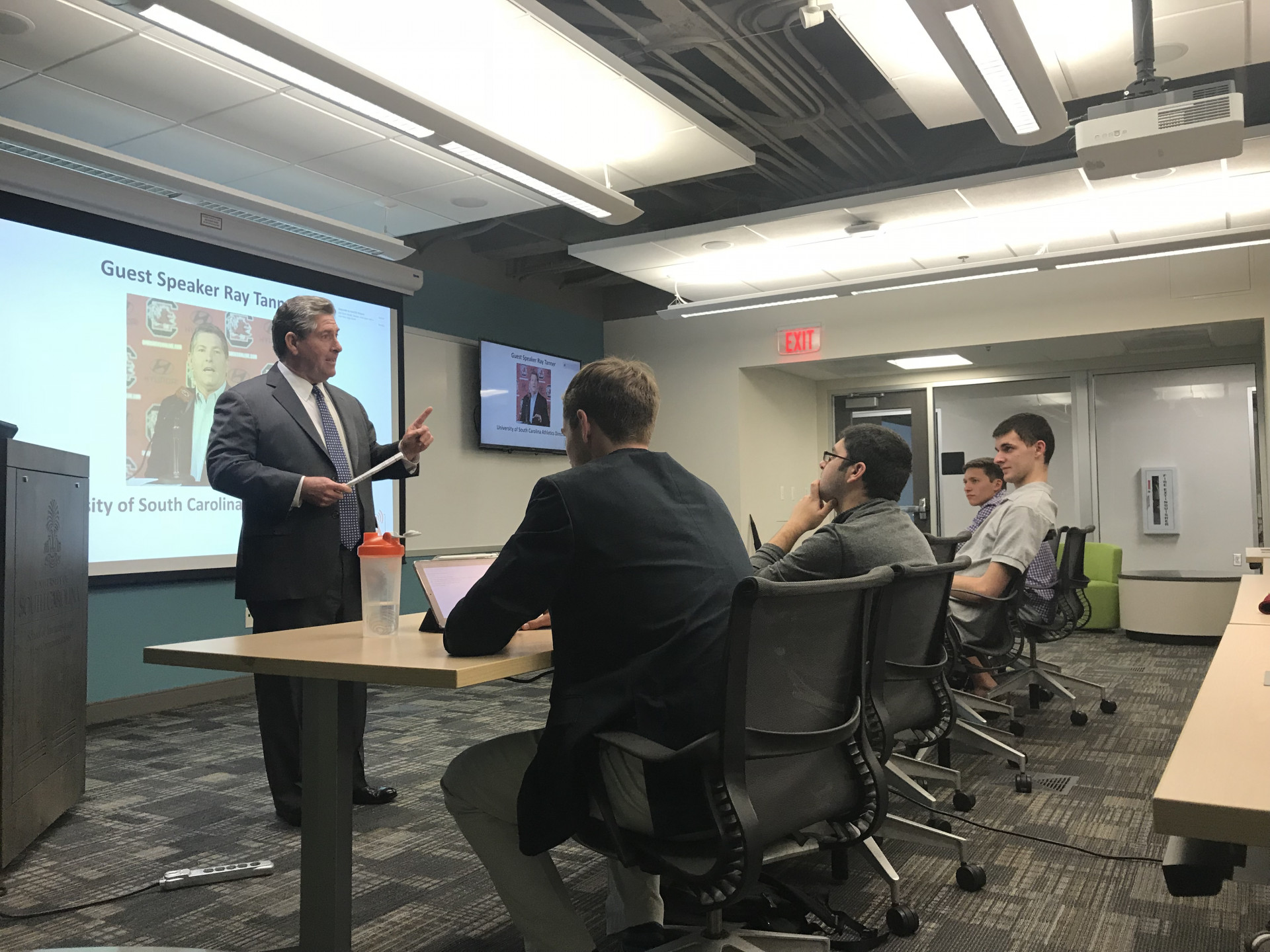 University of South Carolina athletic director Ray Tanner speaks to the NSMA USC student chapter